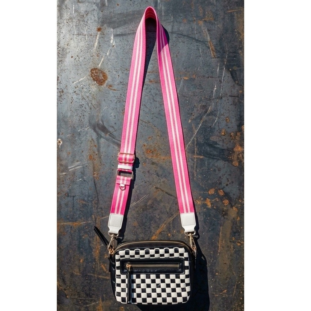 Skater Girl Black & White Checkered Crossbody Bag Rare Hot Pink Guitar Strap